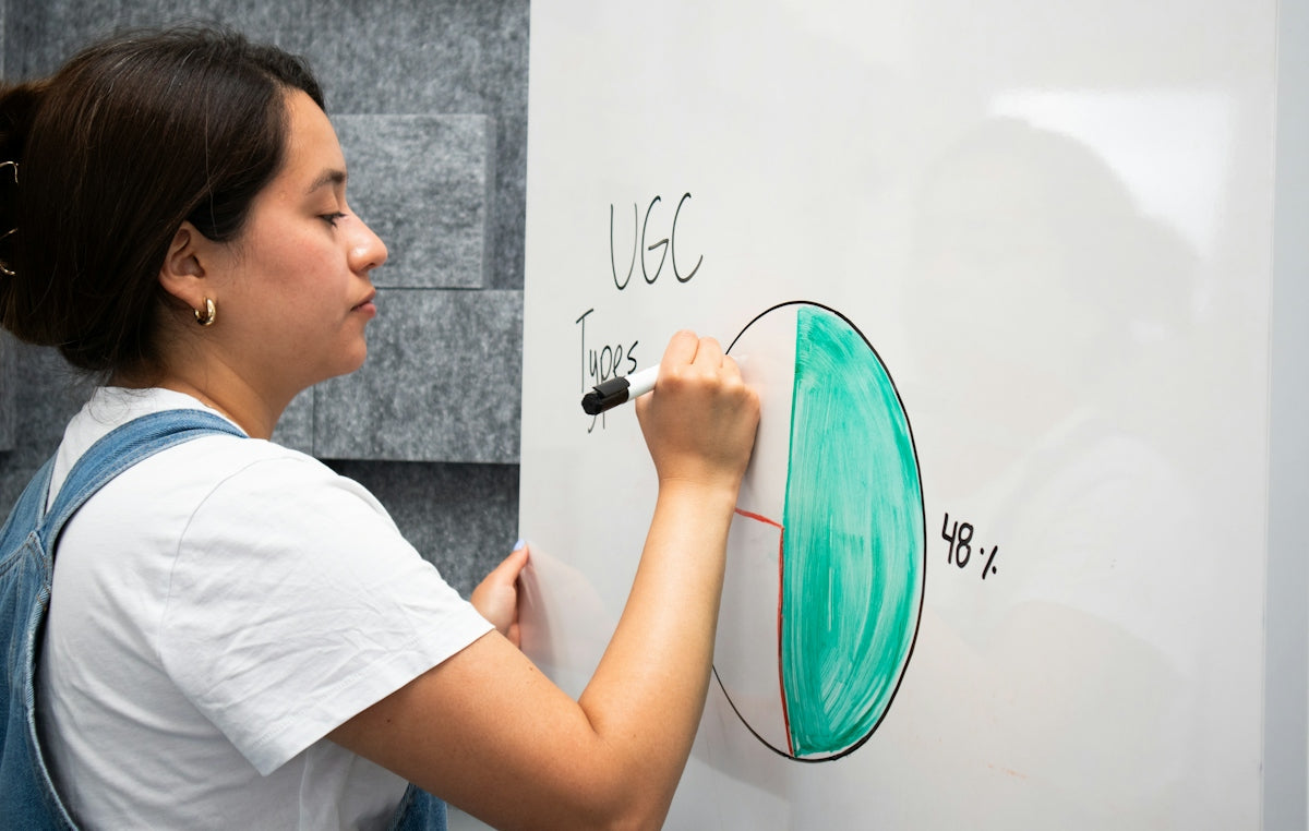 a woman writing on a white board with marker